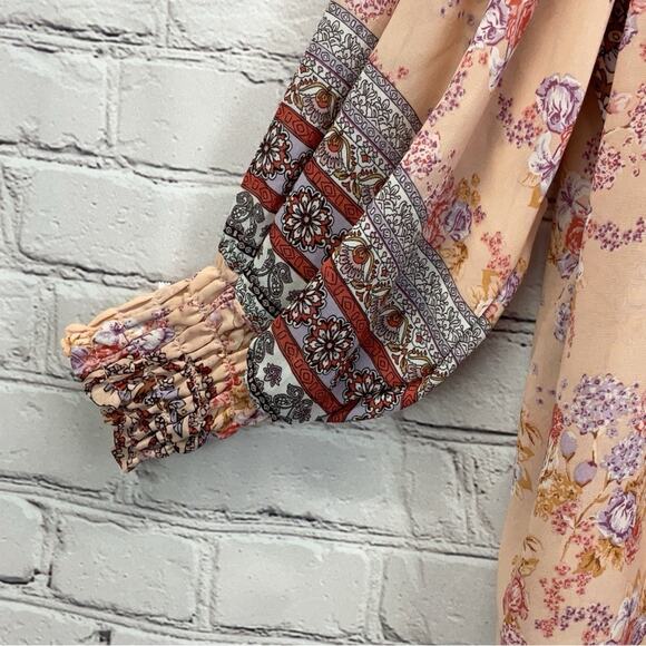 Altar’d State Blouse Women's Size S Peach Floral Paisley Boho Smocked Button Up - Picture 7 of 12
